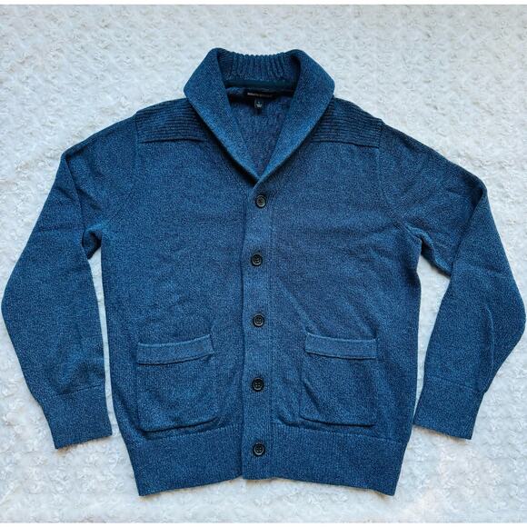Banana Republic Mens Cotton Slub Shawl Texture Yoke Heather Blue Button Cardigan - Picture 2 of 10